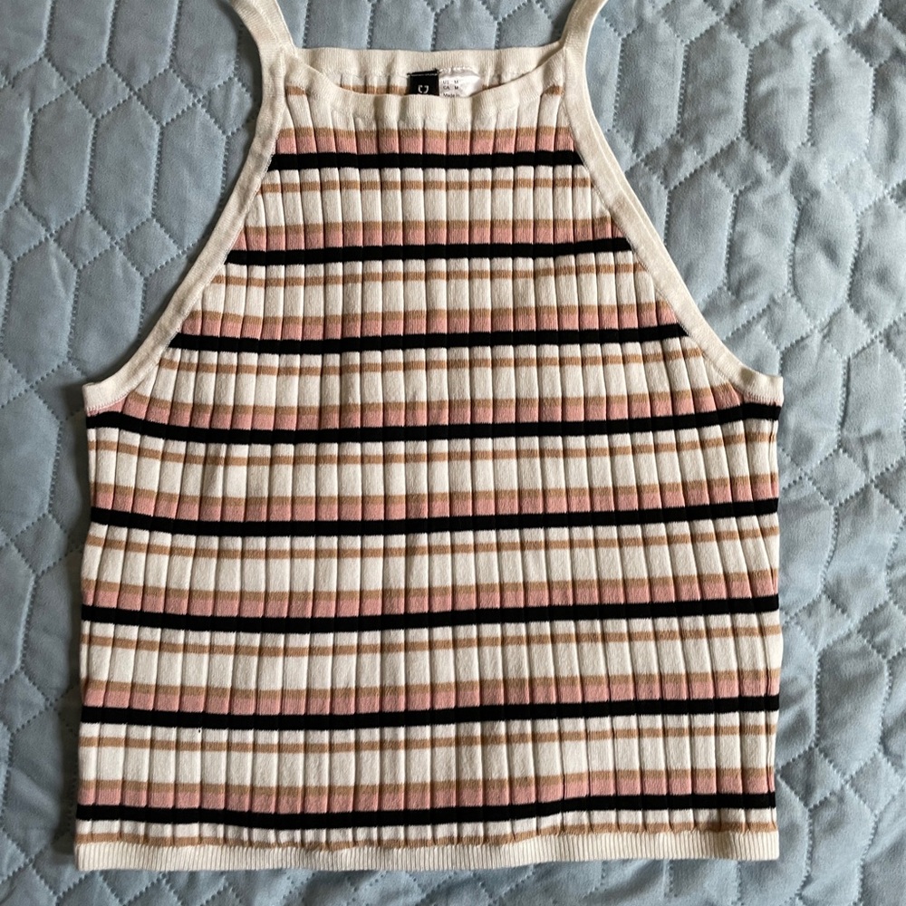 Divided Cream and Pink Striped Ribbed Tank Top